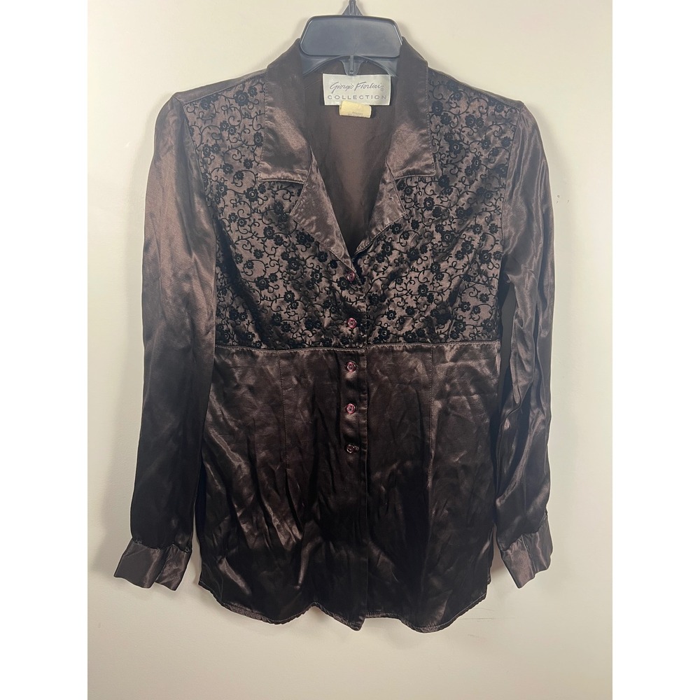 VTG Giorgio Fiorlini Collection Brown Satin Floral  Button Up Blouse Shirt‎ M